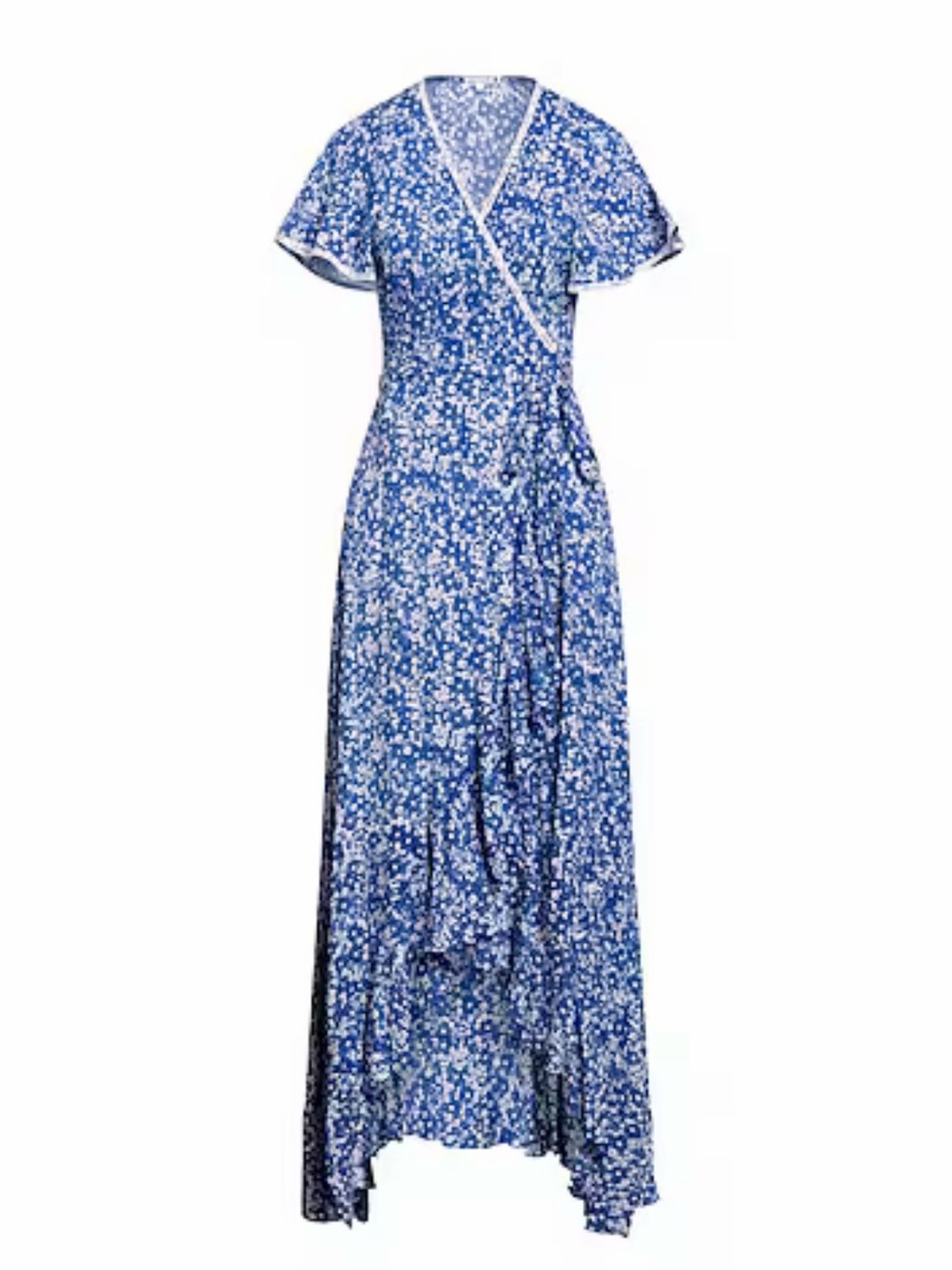 Poupette St. Barth Joe Blue and White Floral High-Low Wrap Dress